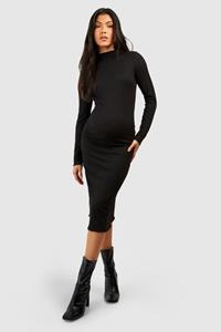 Boohoo Maternity Soft Rib Lettuce Hem Midi Dress, Black