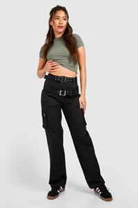 Boohoo Double Belted Straight Fit Cargo Pants, Black