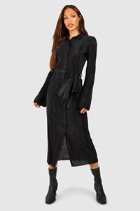 Boohoo Tall Plisse Midi Blouse Jurk Met Ceintuur En Wijde Mouwen, Black