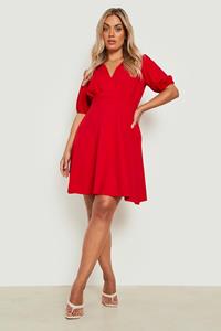 Boohoo Plus Skater Jurk Met Pofmouwen, Red