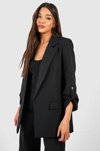 Boohoo Baggy Blazer Met Gouden Knopen En Omgeslagen Mouwen, Black