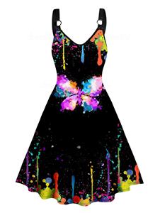 Dresslily Butterfly Splash Ink Print Dress O-ring Strap V Neck High Waisted A Line Mini Dress