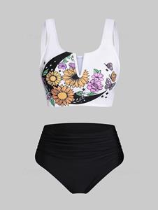Dresslily Vintage Tankini Swimsuit Tummy Control Swimwear Sunflower Print Ruched V Notch Beach Bathing Suit