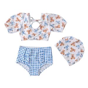 Sunshine kids clothing Baby Girls Swimsuit Set Toddler Bathing Suit Kids Cute Cartoon Bear Tankini with Swimming Cap Children Bikini Set Beach Wear 1-10T