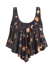 Dresslily Sun Moon Star Print Swimsuit Top Pointed Hem Padded Tankini Swimwear Top
