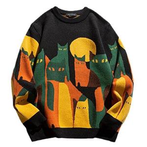 NICE2CU Herfst Gebreide Trui Mannen Winter Harajuku Cartoon Volledige Kat Print Trui Vintage Causale Losse Truien Streetwear