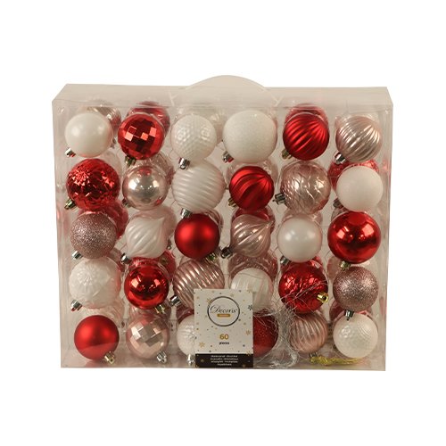 Kerstballen Mix 60 st. - Wit/Rood/Roze - Decoris