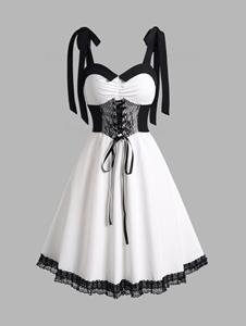 Dresslily Corset Style Lace Up Gothic Dress Colorblock Lace Hem Tied A Line Dress
