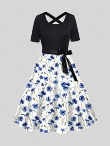 Dresslily Flower Print Belt A Line Dress Bowknot Short Sleeve Midi Dress