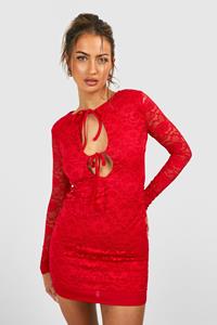 Boohoo Cut Out Tie Front Lace Mini Dress, Red