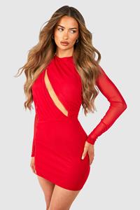 Boohoo Mesh Cut Out Ruched Mini Dress, Red