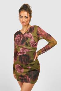 Boohoo Mesh Cross Over Floral Ruched Mini Dress, Olive