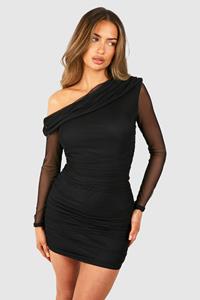 Boohoo One Shoulder Ruched Mesh Long Sleeve Mini Dress, Black