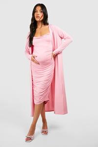 Boohoo Maternity Strappy Cowl Neck Dress And Duster Coat, Pink