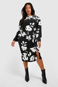 Boohoo Plus Woven Floral Ruched Midi Dress, Black
