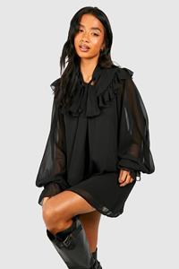 Boohoo Petite Tie Neck Volume Sleeve Woven Mini Dress, Black