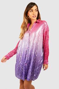 Boohoo Oversized Ombre Glitter Party Blouse Jurk Met Pailletten, Pink