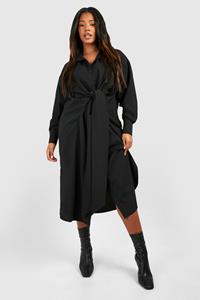 Boohoo Plus Textured Woven Tie Front Midi Shirt Dress, Black