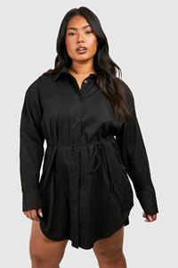 Boohoo Plus Cotton Cinched Waist Shoulder Pad Shirt Dress, Black