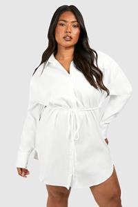 Boohoo Plus Cotton Cinched Waist Shoulder Pad Shirt Dress, White