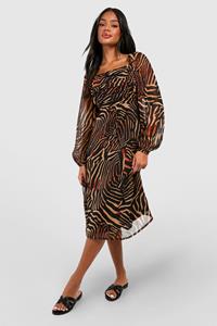 Boohoo Chiffon Animal Print Rouched Midi Dress, Brown