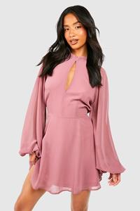 Boohoo Petite High Neck Volume Sleeve Skater Dress, Rose