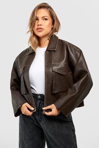 Boohoo Plus Vintage Look Faux Leather Pocket Detail Jacket, Chocolate