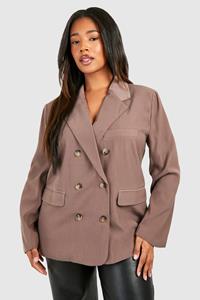 Boohoo Plus Double Breasted Relaxed Fit Tailored Blazer, Chocolate