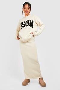 Boohoo Dsgn Crew Neck Knitted Sweater And Maxi Skirt Set, Stone