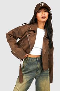 Boohoo Vintage Look Faux Leather Biker Jacket, Dark Brown