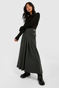 Boohoo Belt Detail Midi Kilt Skirt, Charcoal