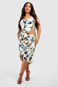 Boohoo Plus Woven Printed Ruched Front And Back Midi Skirt, Blue