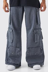 Boohoo Extreem Baggy Acid Wash Gebleekte Jeans Met Cargo Zakken, Grey