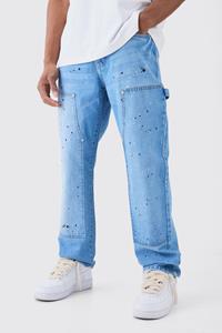 Boohoo Relaxed Rigid Carpenter Paint Splatter Jeans, Light Blue