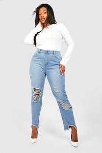 Boohoo Plus Ripped Distressed High Waisted Mom Jeans, Mid Blue