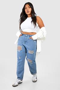 Boohoo Plus Distressed Ripped Mom Jeans, Light Wash