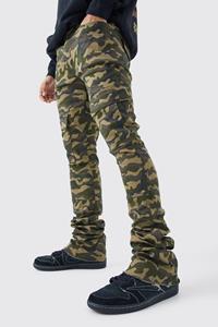 Boohoo Skinny Stacked Flare Gusset Camo Cargo Trouser, Sand