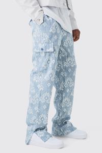 Boohoo Elasticated Waist Split Hem Tapestry Cargo Trouser, Blue