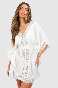 Boohoo Lace Trim Cheesecloth Beach Dress, White