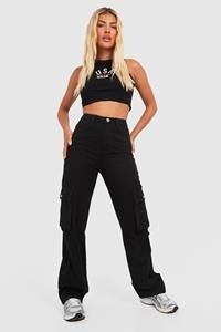 Boohoo High Waist Cargo Jeans Met Rechte Pijpen, Black