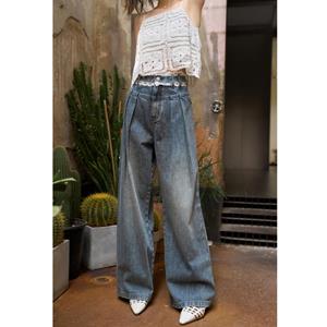 Mishow Jeans voor vrouwen zomer hoge taille vintage casual losse kant all-match design plooien lange wijde pijpen broek MXC35K0036