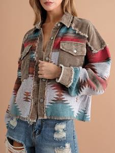 Zaful Women's Corduroy Ethnic Aztec Print Pocket Drop Shoulder Frayed Detail Pocket Button Up Jacket