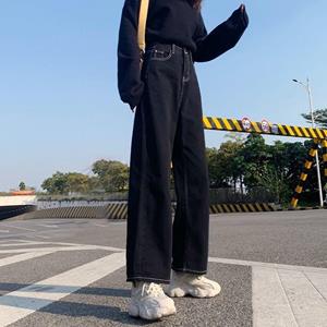 Fantastic wardrobe Jeans Dames All-match Koreaanse stijl Dweilbroek Denim Vintage Zwart Effen Hoge Taille Herfst Baggy Chic Street Casual