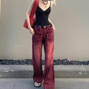 Fantastic wardrobe Boyfriend Style Streetwear Baggy Jeans Women Denim Trousers High Waist Y2k Vintage Washed Distressed Wide Leg Mopping Red Pants