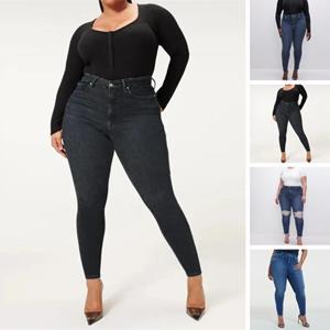 Jiehengdongmao Hoge taille, slim-fit, elastische jeans, knooprits, zakken, potlood-denimbroek, streetwear