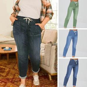 Jiehengdongmao High Waist Denim Pants Zipper Fly Lace-up Pockets Slim Fit Elastic Jeans Straight Leg Pants