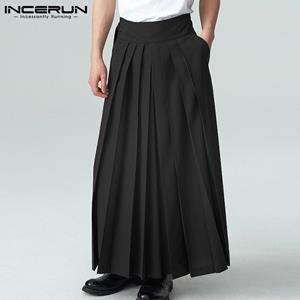 INCERUN Spring Fashion Mannen Hoge Taille Culotte Geplooide Lange Broek Bijgesneden Wijde Pijp Broek Solid Casual Maxi Broek Plus Size