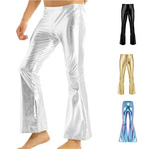 ZDHoor Mannen Shiny Metallic Disco Flared Long Pants Broek voor Clubwear