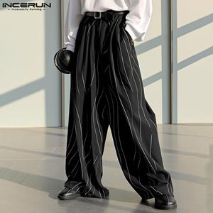 INCERUN Heren losse rechte gestreepte casual broek met elastische taille