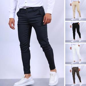Yunzhu Men Pants Slim Fit Mid Waist Solid Color Soft Breathable Pockets Business Style Zipper Button Closure Ankle Length Men Commute Trousers Pencil Pants